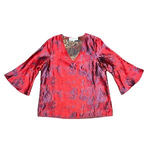 Tuckernuck Top Sz Small Jacquard‎ Red & Purple Brocade Bell Sleeve V-neck Blouse